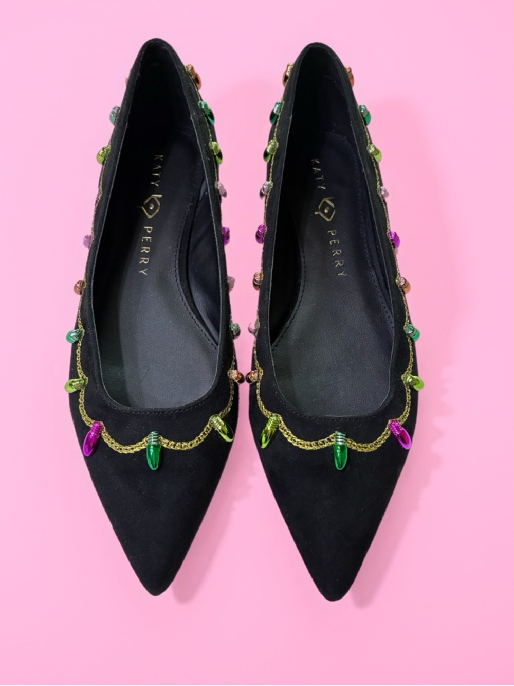 Katy Perry Collections Black Pointed Flats with Multicolored Bead Trim
